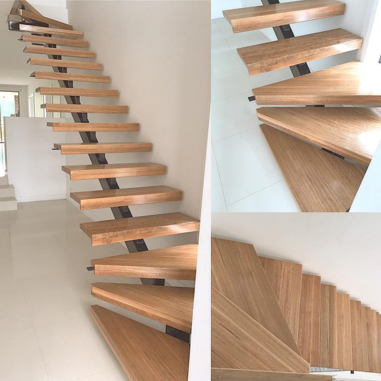 Steel spine monostring staircase with solid treads, by Timber Floors Pty Ltd