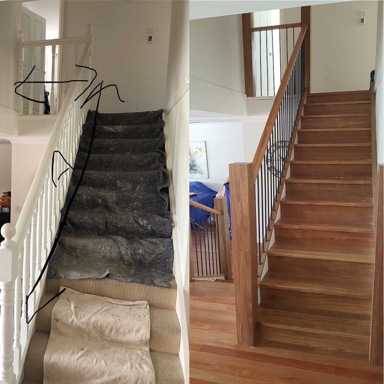 Our Designer Staircase Makeovers can transform a tired old looking carpeted staircase into in vogue living and hardwood timber flooring compliment each other for a sophisticated example of modern living. Supplied and installed by Timber Floors Pty Ltd