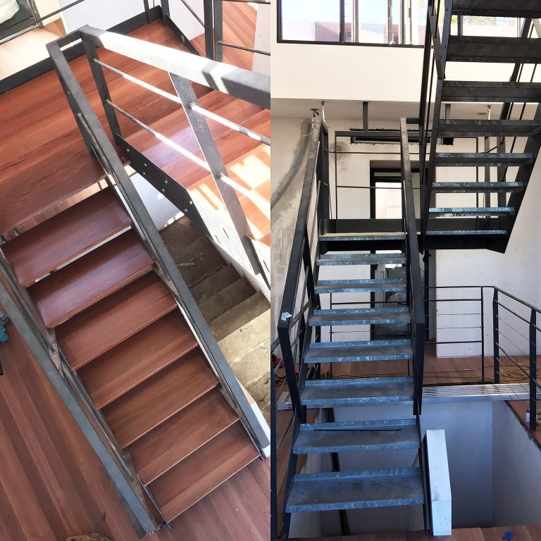 Metal staircase fitted with solid Australian Hardwood treads supplied and installed by Timber Floors Pty Ltd