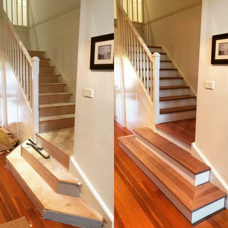 Staircase makeover - before and after photo by Timber Floors Pty Ltd #staircase #makeover #renovation