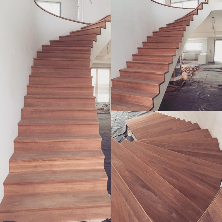 Timber Floors Pty Ltd red iron bark solid treads and risers wrapped to concrete staircase